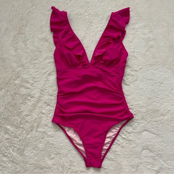 Cupshe Other - NWT CUPSHE Women’s Deep V-Neck Ruffled Lace Up One Piece Swimsuit Hot Pink Small